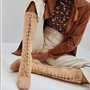 Anthropologie Silent D Kelsy Lace-Up Knee High Boots Tan Suede Size 38 NWOT